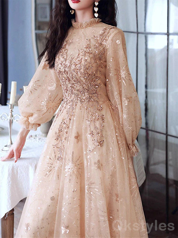 Gorgeous Long Sleeves High Neck A-line Tulle Applique Long Prom Dresses, OT248