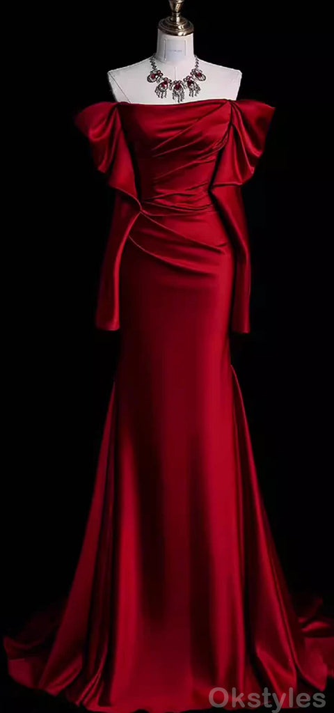 Elegant Off the Shoulder Mermaid Long Sleeves Red Satin Prom Dresses Online, OT227