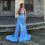 Elegant Spaghetti Straps Mermaid Side Slit Blue Satin Long Bridesmaid Dresses Onlline, OT497