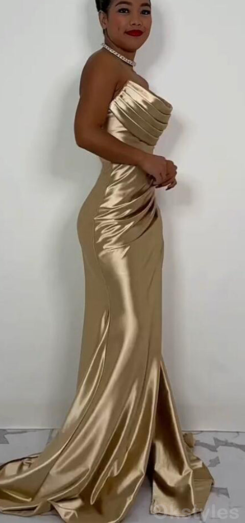 Elegant Mermaid Sleeveless Side Slit Gold Satin Long Bridesmaid Dresses Online, OT538
