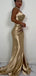 Elegant Mermaid Sleeveless Side Slit Gold Satin Long Bridesmaid Dresses Online, OT538