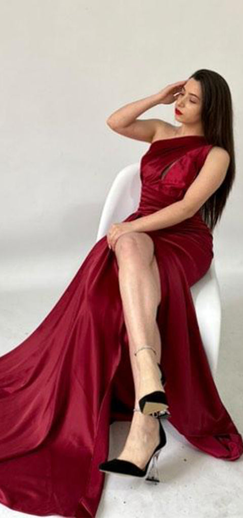 Elegant Satin Mermaid Pleats One Shoulder Floor Length Bridesmaid Dresses with Side Slit, OT423