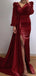 Elegant  Long Sleeves Mermaid V-neck Sequins Burgundy Long Evening Prom Dresses with Side Slit, OT159