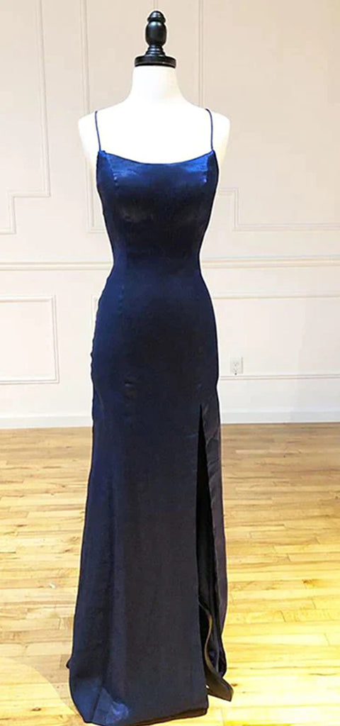Simple Mermaid Sleeveless Spaghetti Straps Satin Royal Blue Evening Prom Dresses with Side Slit, OT170