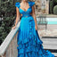 Elegant Spaghetti Straps V-neck A-line Long Ocean Blue Satin Bridesmaid Dresses Online, OT566