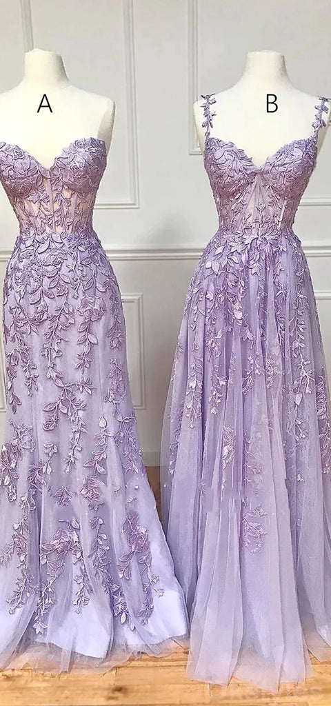 Mismatched A-line Spaghetti Straps Tulle Applique Lilac Evening Prom Dresses Online, OT171