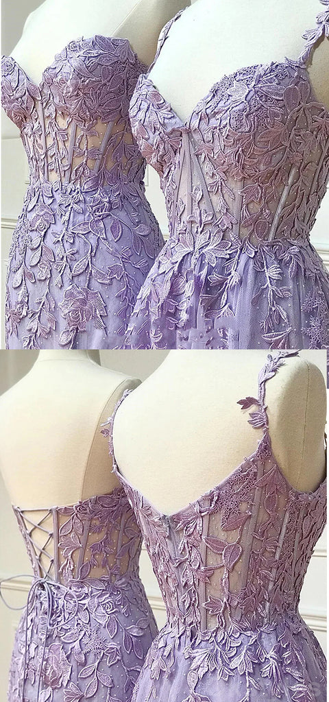 Mismatched A-line Spaghetti Straps Tulle Applique Lilac Evening Prom Dresses Online, OT171