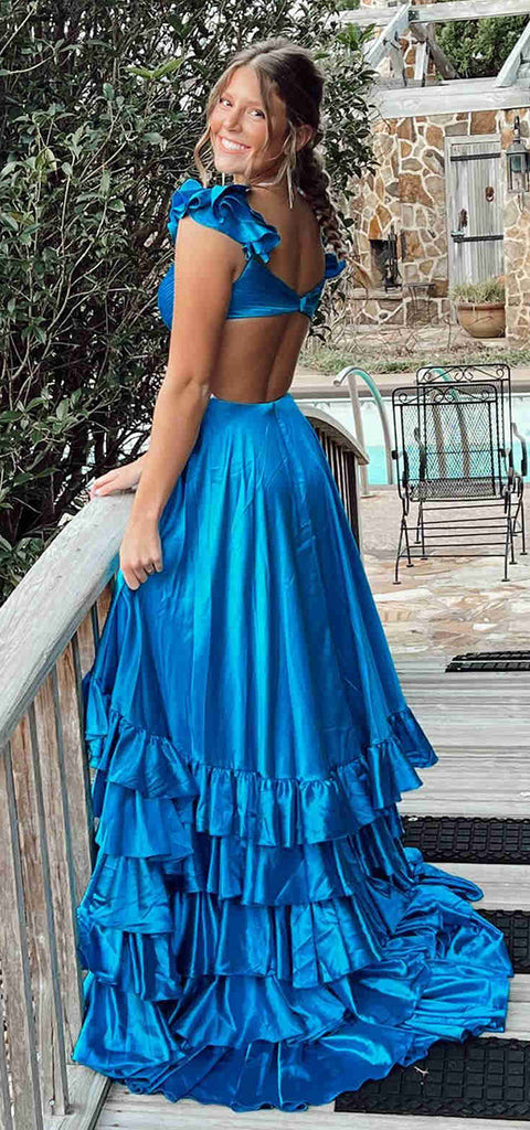 Elegant Spaghetti Straps V-neck A-line Long Ocean Blue Satin Bridesmaid Dresses Online, OT566
