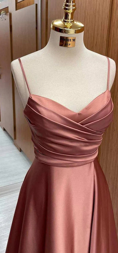 Elegant Spaghetti Straps V-neck A-line Satin Bridesmaid Dresses Online, OT589