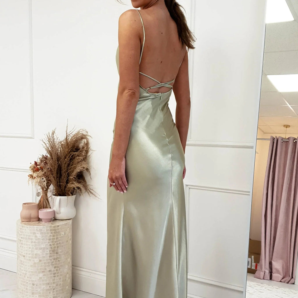 Elegant Spaghetti Straps Side Slit Mermaid Long Satin Bridesmaid Dresses Online, OT568