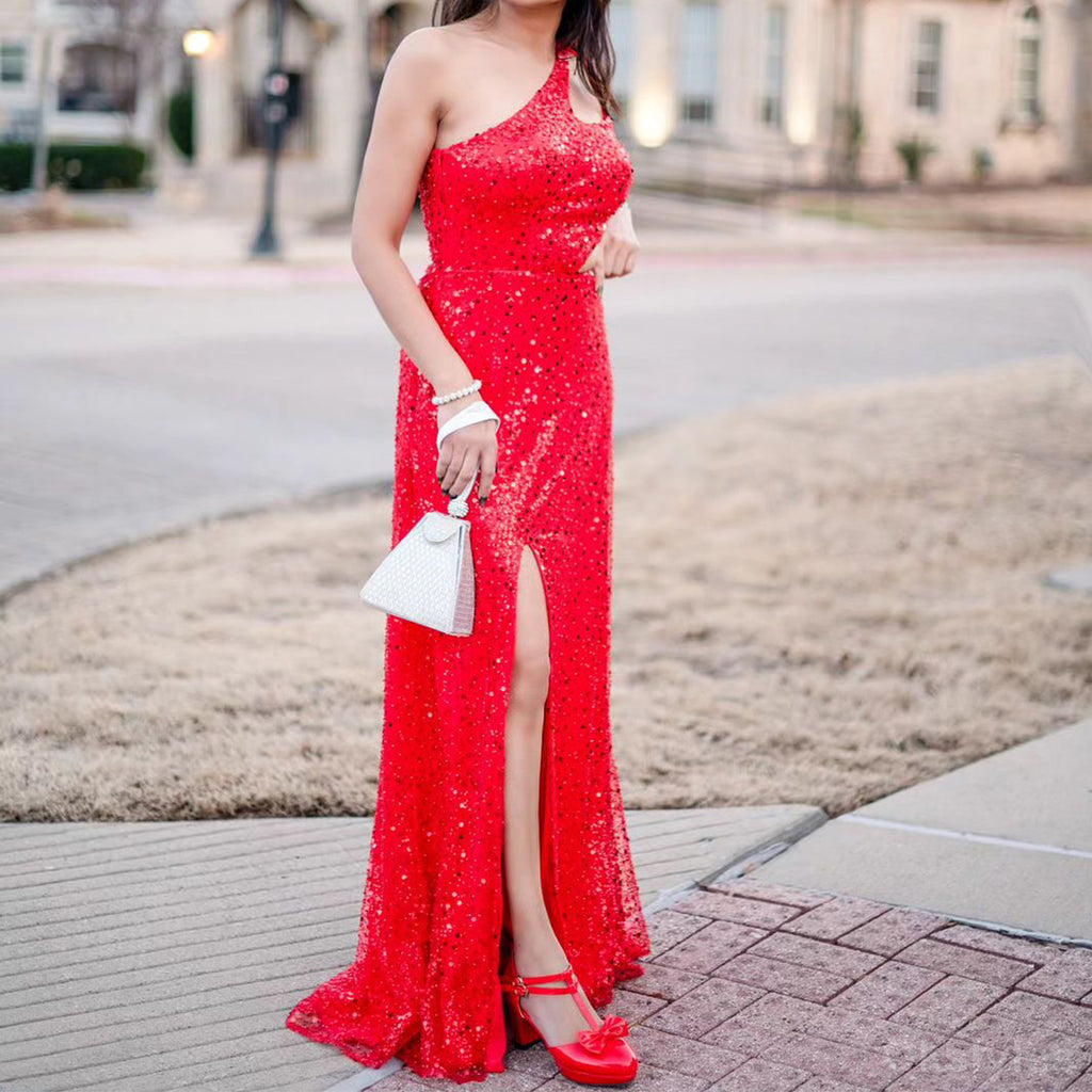Sparkly One Shoulder Side Slit Floor Length Red Sequins Bridesmaid Dresses Online, OT332