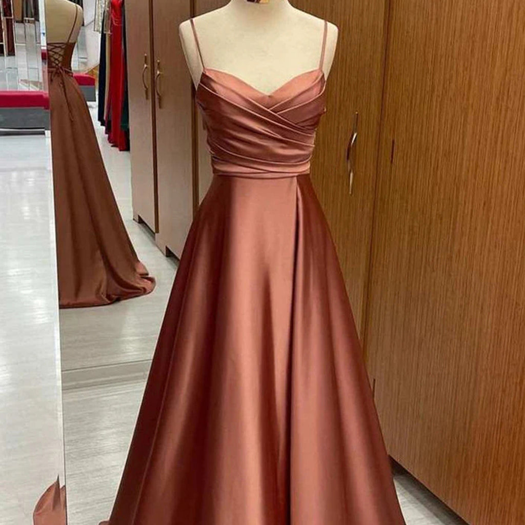 Elegant Spaghetti Straps V-neck A-line Satin Bridesmaid Dresses Online, OT589