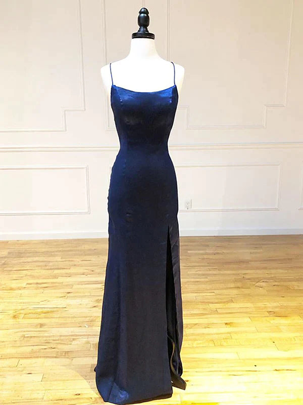 Simple Mermaid Sleeveless Spaghetti Straps Satin Royal Blue Evening Prom Dresses with Side Slit, OT170