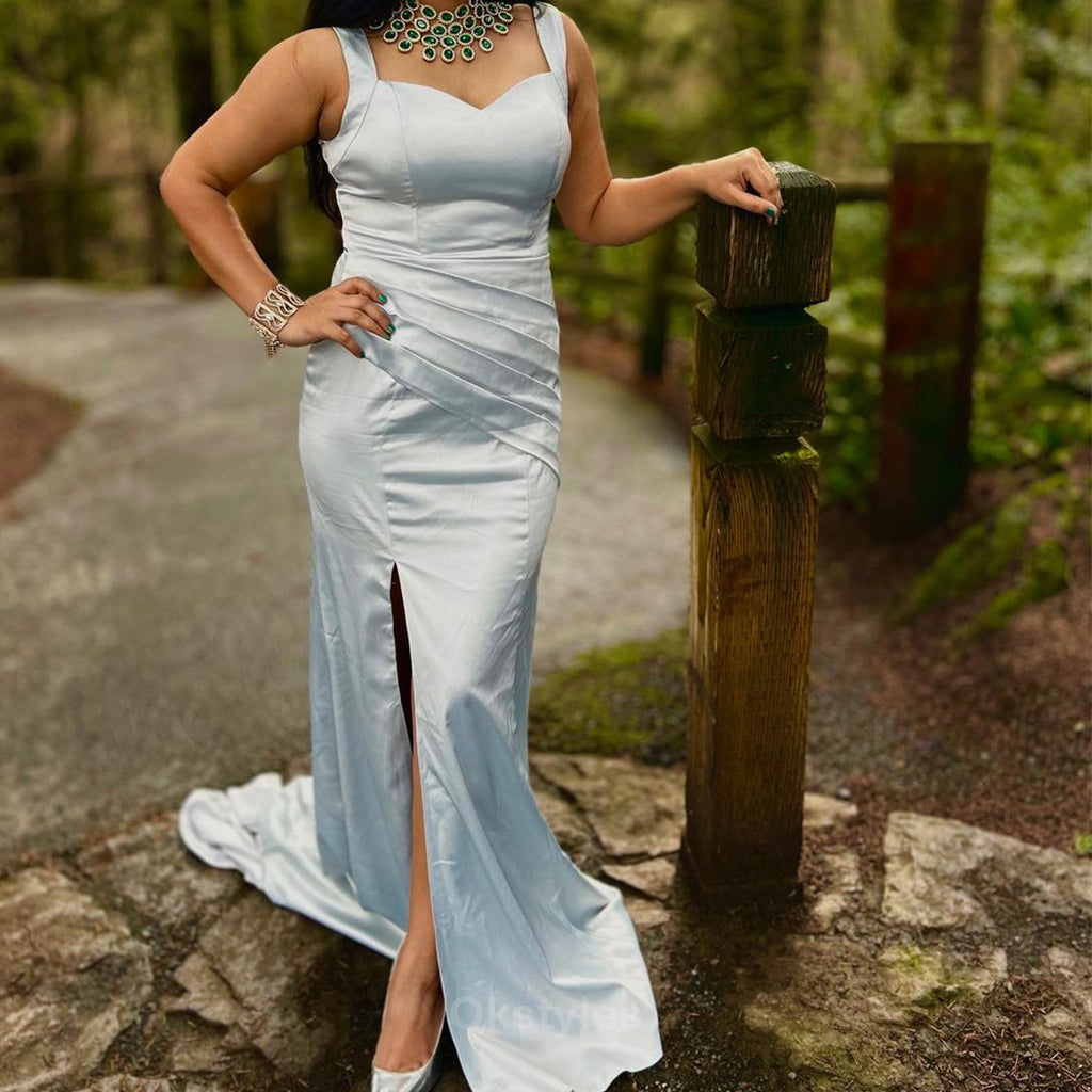 Elegant Straps Mermaid Silver Side Slit Satin Long Bridesmaid Dresses Online, OT479