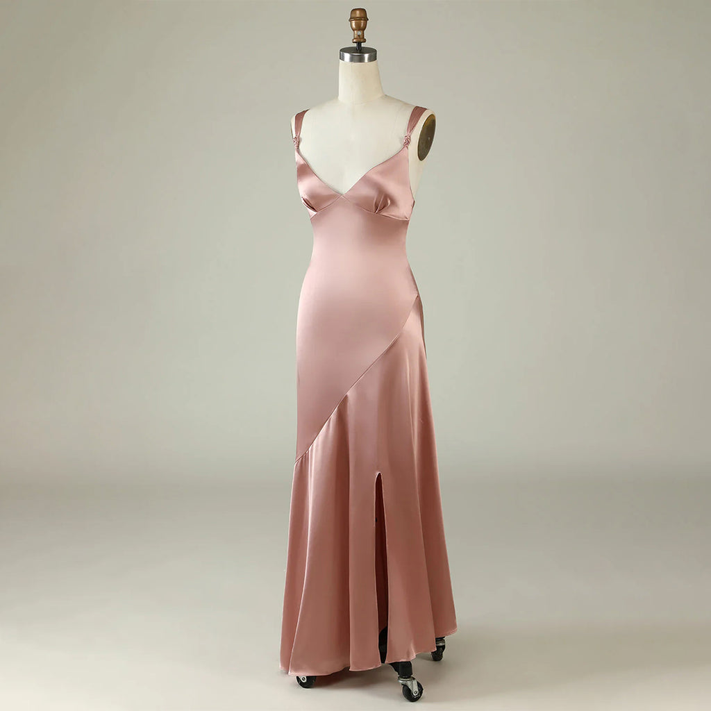 Elegant Straps V-neck Mermaid Side Slit Satin Bridesmaid Dresses Online, OT590