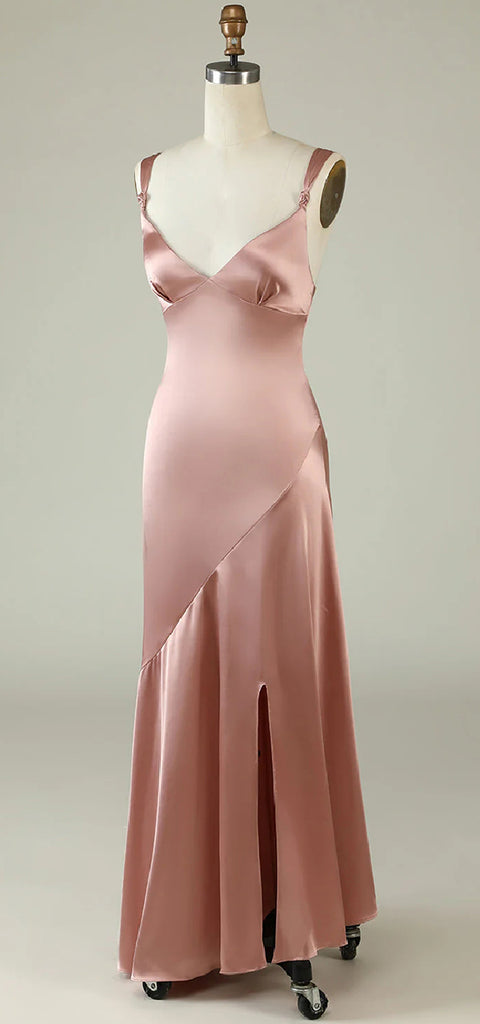 Elegant Straps V-neck Mermaid Side Slit Satin Bridesmaid Dresses Online, OT590