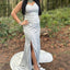 Elegant Straps Mermaid Silver Side Slit Satin Long Bridesmaid Dresses Online, OT479