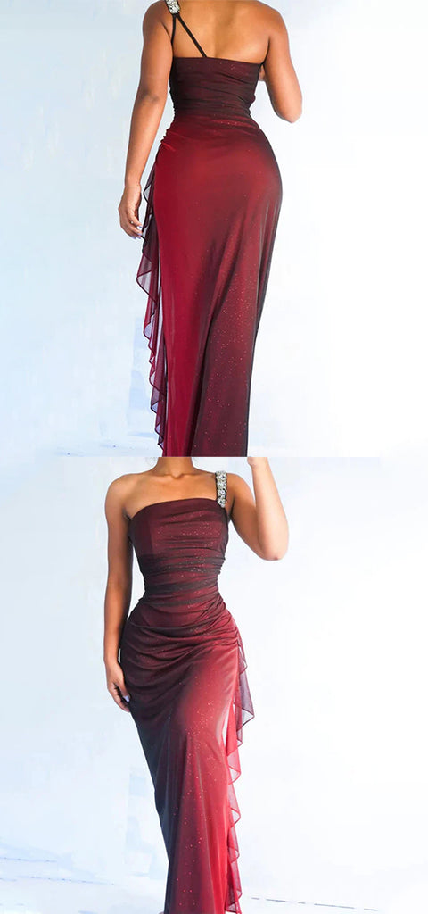 Elegant One Shoulder Mermaid Black Red Tulle Evening Prom Dresses Online, OT133