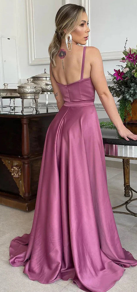 Elegant Spaghetti Straps A-line Long Satin Orchid Bridesmaid Dresses Online, OT592