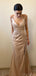 Simple Spaghetti Straps V-neck Mermaid Side Slit Taupe Long Bridesmaid Dresses Online, OT515