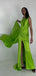 Elegant One Shoulder Mermaid Side Slit Lime Green Satin Long Bridesmaid Dresses with Trailing, OT516