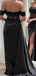 Elegant Mermaid Side Slit Off Shoulder Satin Black Long Bridesmaid Dresses with Trailing, OT621