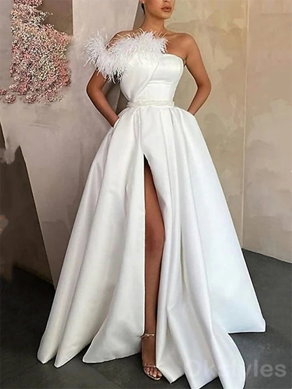 Elegant Champagne Off the Shoulder Sleeveless A-line Long Prom Dresses with Side Slit, OT251