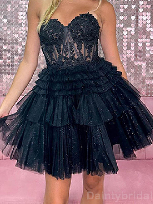 Elegant Sweetheart A-line Black Tulle Short Homecoming Dresses Online, OT353