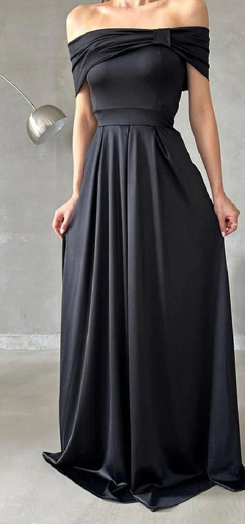 Elegant Off Shoulder A-line Satin Long Black Bridesmaid Dresses Online, OT713