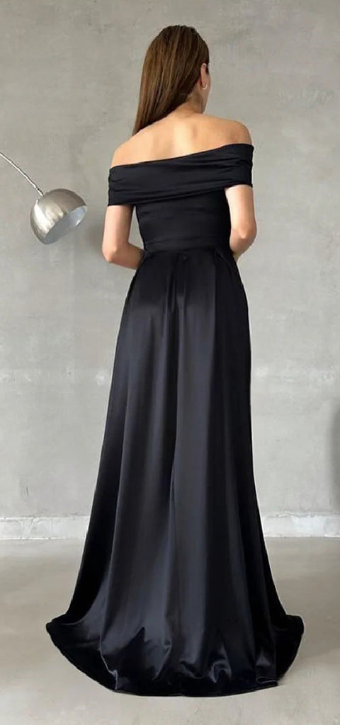 Elegant Off Shoulder A-line Satin Long Black Bridesmaid Dresses Online, OT713
