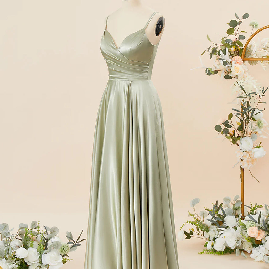 Elegant Spaghetti Straps V-neck Satin Long Bridesmaid Dresses Online, OT636