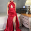 Elegant Halter Mermaid Side Slit Red Satin Long Bridesmaid Dresses Online, OT469
