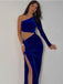 NEW Arrival One Long Sleeve Velvet Royal Blue Long Prom Dresses with Side Slit, OT007