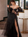 NEW Arrival Black Sweetheart Long Sleeves A-line Long Prom Dresses with Side Slit, OT008