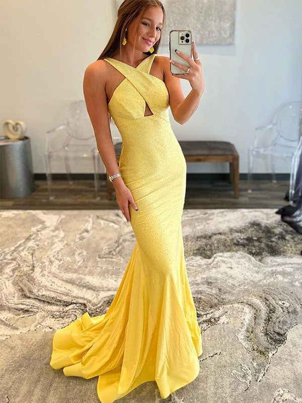 Elegant Cross Mermaid Sleeveless Yellow Prom Dresses, OT014