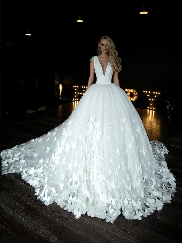Elegant A-Line V-neck Tulle Satin Butterfly White Wedding Dresses Online, OT087