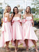 Satin Pink A-Line Strapless Bow Hi-Lo Bridesmaid Dresses, OT318