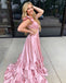 Elegant Straps V-neck Satin A-line Blush Prom Dresses with Side Slit, OT031