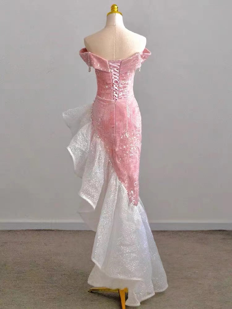 New Arrival Off the Shoulder Pink Velvet Mermaid Prom Dresses Online, OT032