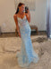 Sparkly Spaghetti Straps V-neck Sequins Mermaid Tulle Blue Prom Dresses Online, OT030