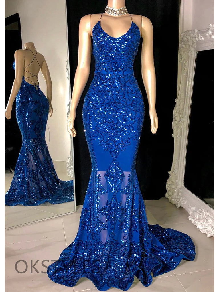 Royal Blue Sequin Mermaid Spaghetti Straps Homecoming Dress, HC013