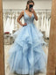 Elegant V-neck A-line Tulle Applique Sky Blue Evening Prom Dresses Online, OT163