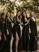 Black Sequin Long Sleeves Side-Slit Floor Length Bridesmaid Dresses, OT415