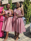 Satin A-Line One-Shoulder Tea Length Bridesmaid Dresses, OT417