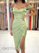 Sage Satin Off-Shoulder Side-Slit Knee-Length Prom Dresses, OT161