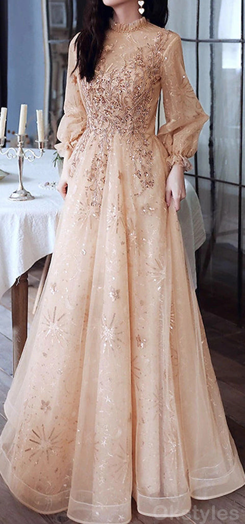 Gorgeous Long Sleeves High Neck A-line Tulle Applique Long Prom Dresses, OT248