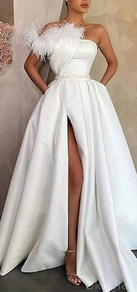 Elegant Champagne Off the Shoulder Sleeveless A-line Long Prom Dresses with Side Slit, OT251