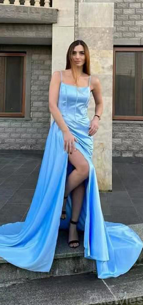 Elegant Spaghetti Straps Mermaid Side Slit Blue Satin Long Bridesmaid Dresses Onlline, OT497