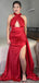 Elegant Halter Mermaid Side Slit Red Satin Long Bridesmaid Dresses Online, OT469