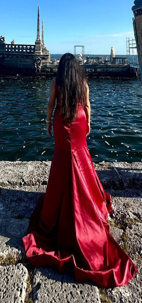 Elegant Straps Mermaid Long Side Slit Mulberry Satin Long Bridesmaid Dresses Online, OT472